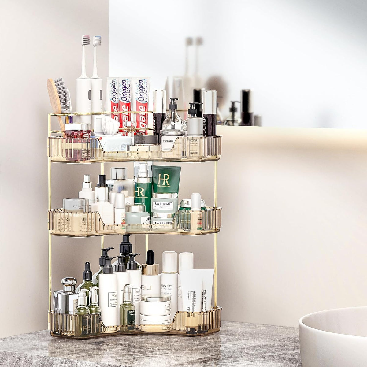 Corner Bathroom Counter Organizer with Top Toothbrush Holders, 3-Tier Make Up Organizers for Vanity with Brush Holder, Corner Storage for Bathroom, Kitchen, Dresser