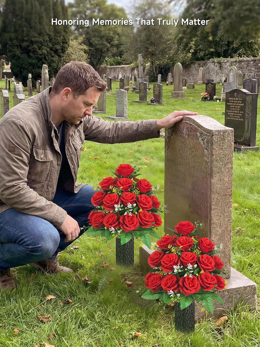 Mirevielyn 2-Pack Artificial Rose Cemetery Flowers with Spiked Vases