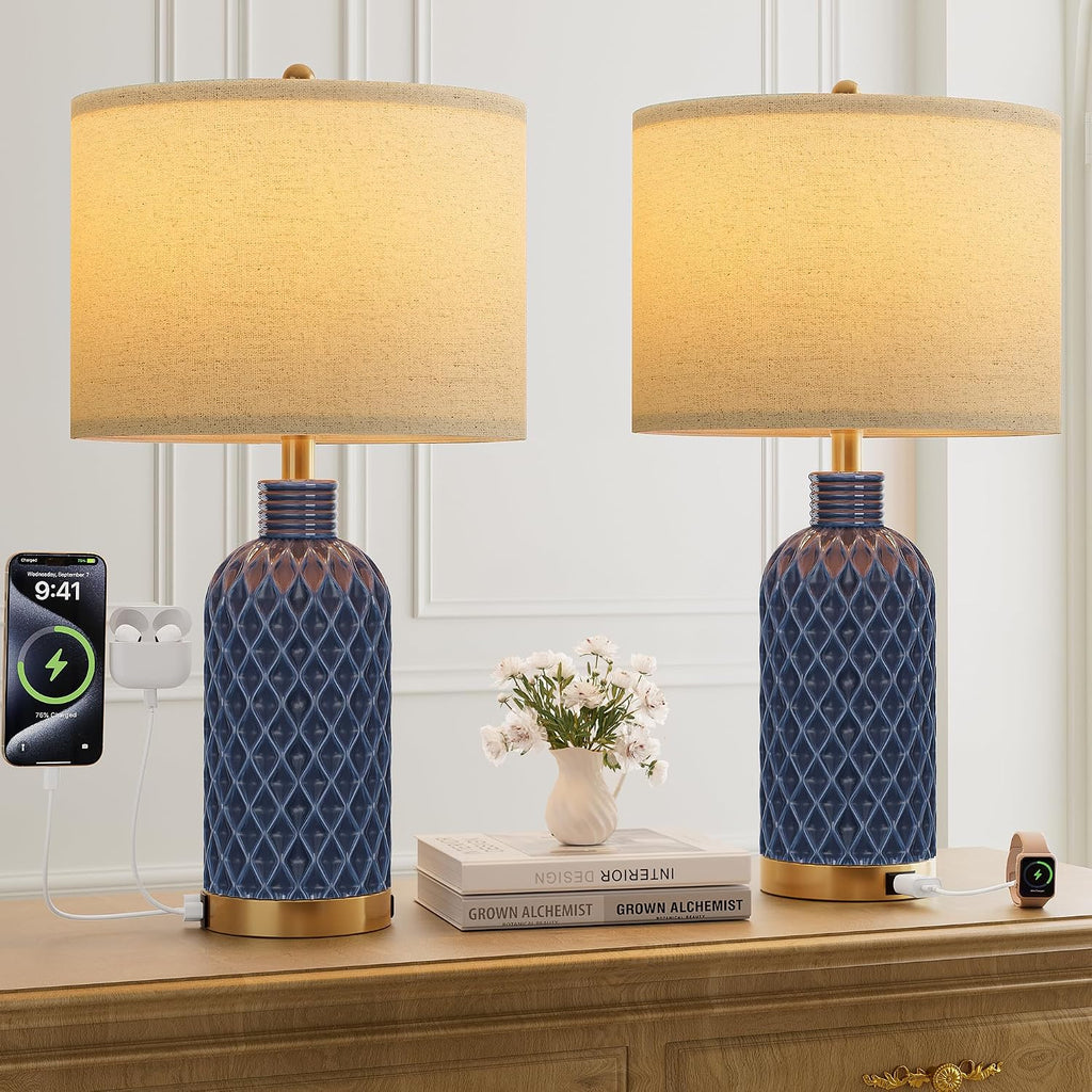SIBRILLE 25" Ceramic Table Lamps Set of 2, Blue, USB-C/USB-A & AC Outlet