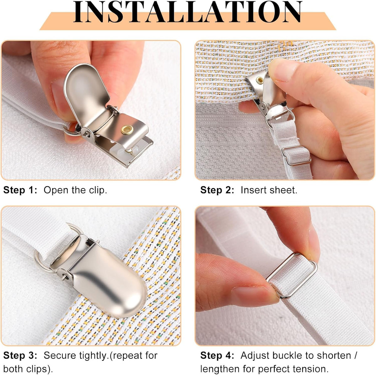 Boao 24 Pcs Bed Sheet Straps Heavy Duty Adjustable Elastic Fasteners Fitted Bed Holder Mattress Corner Sheet Fasteners Clips for Home Room Couch Supplies(White)