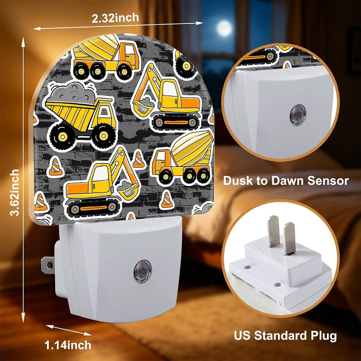 Night Light Excavator Transporter Truck Night Lights Plug into Wall with Dusk to Dawn Smart Sensor for Bedroom Bathroom Hallway Kitchen, Warm Nightlights for Boys Girls Women Men