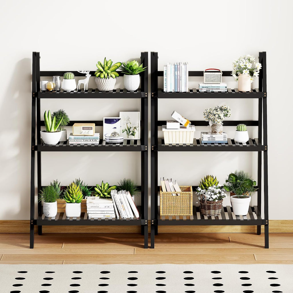 39.4" Foldable Ladder Shelf Plant Shelf, 3 Tier Bamboo Ladder Bookshelf
