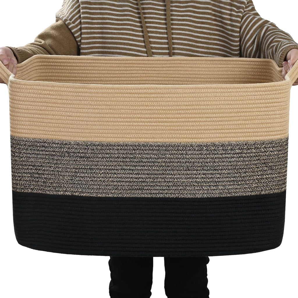 Large Blanket Basket, 100L Storage Baskets for Organizing, Woven Laundry Basket for Blankets, Cotton rope Blanket Storage for Living Room, Nursery Room, 24.8"L x 15.74"W x 15.74"H, Brown & Black