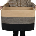 Large Blanket Basket, 100L Storage Baskets for Organizing, Woven Laundry Basket for Blankets, Cotton rope Blanket Storage for Living Room, Nursery Room, 24.8"L x 15.74"W x 15.74"H, Brown & Black