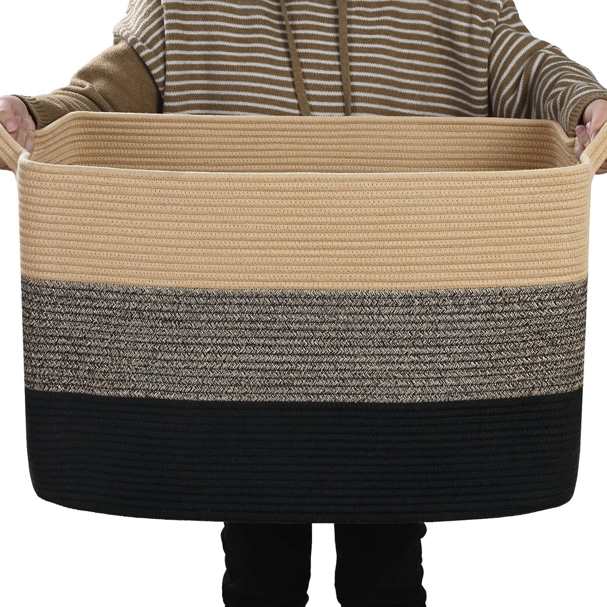 Large Blanket Basket, 100L Storage Baskets for Organizing, Woven Laundry Basket for Blankets, Cotton rope Blanket Storage for Living Room, Nursery Room, 24.8"L x 15.74"W x 15.74"H, Brown & Black