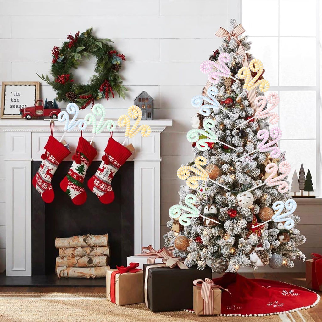 5pcs Set Macaron Color Christmas Decorations Picks, Pastel Woolen Candy Cane Christmas Tree Curly Picks, Christmas Tree Topper Decorations Home Vase Holiday Party Ornaments