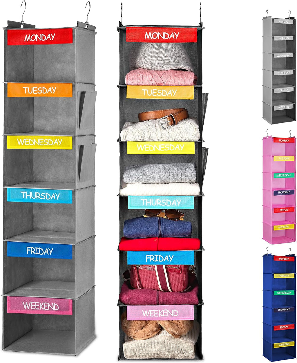 Handy Laundry Kids Hanging Closet Organizer 6-Shelf with Day-of-Week Labels