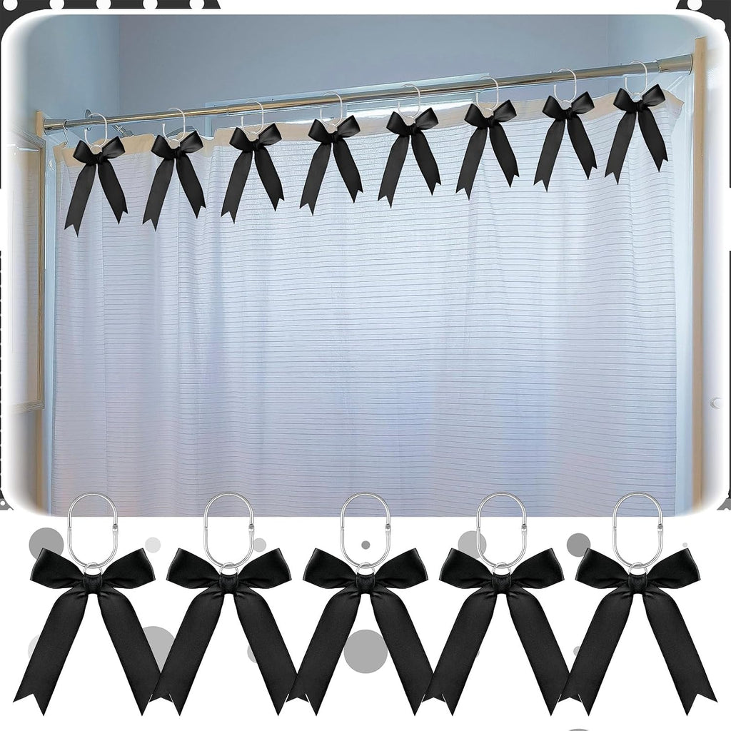 MorningRo 12 Pcs Black Bow Cute Shower Curtain Hooks Bow Knot Ribbon Hooks
