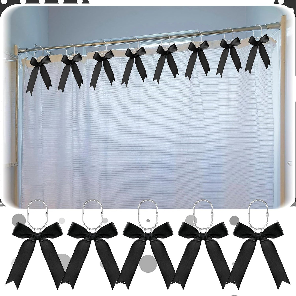 MorningRo 12 Pcs Black Bow Cute Shower Curtain Hooks Bow Knot Ribbon Hooks