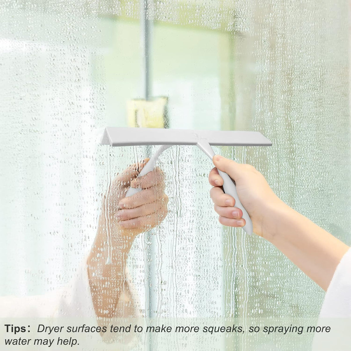 Shower Squeegee for Glass Doors, 11-Inch Silicone Squeegee with Non-Slip Handle and Adhesive Hook for Bathroom, Mirror, Tile, Car Window (White)