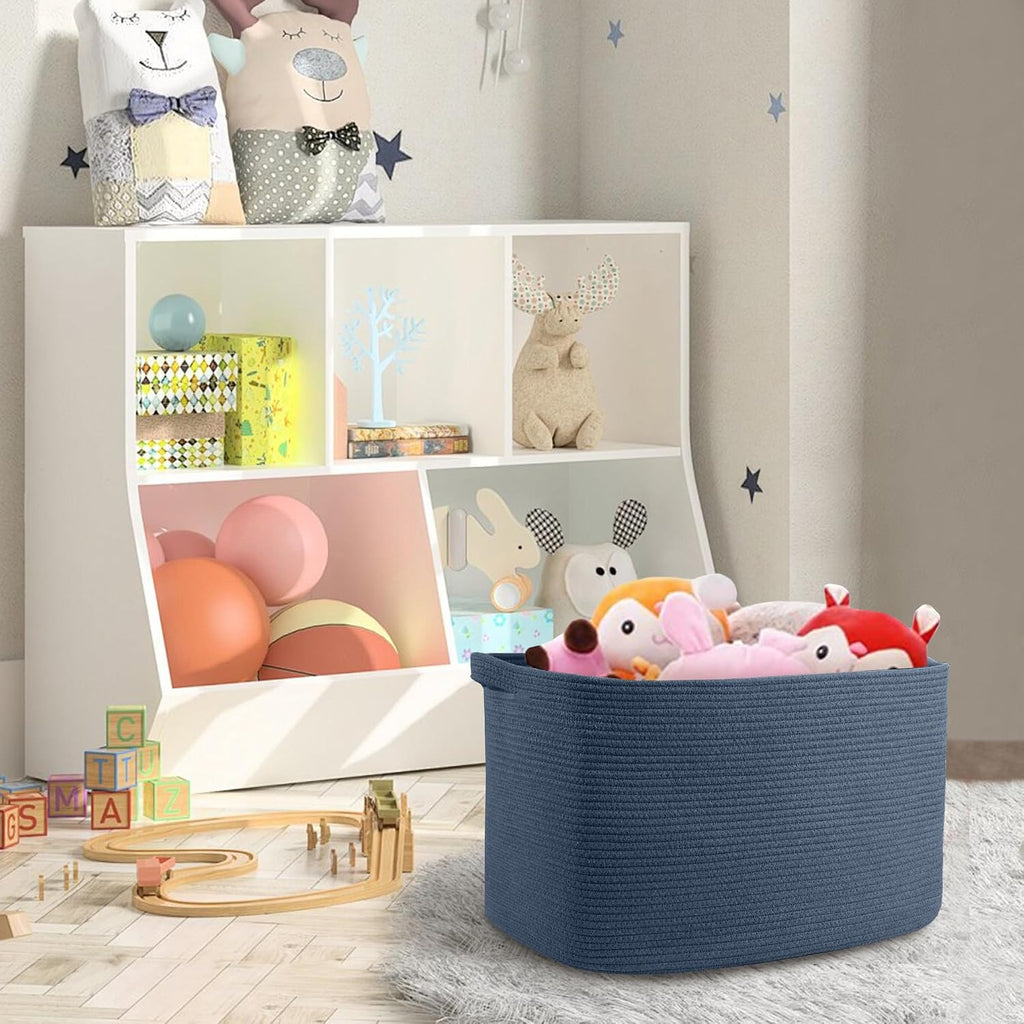 MEGASKET Extra Large Rectangle Storage Basket, 23.6" x 17" x 12" Dark Blue Blanket Storage for Living Room, Large Woven Cotton Rope Storage Box, Soft Kids Toy Basket Organizer Bin, Big Wicker Basket