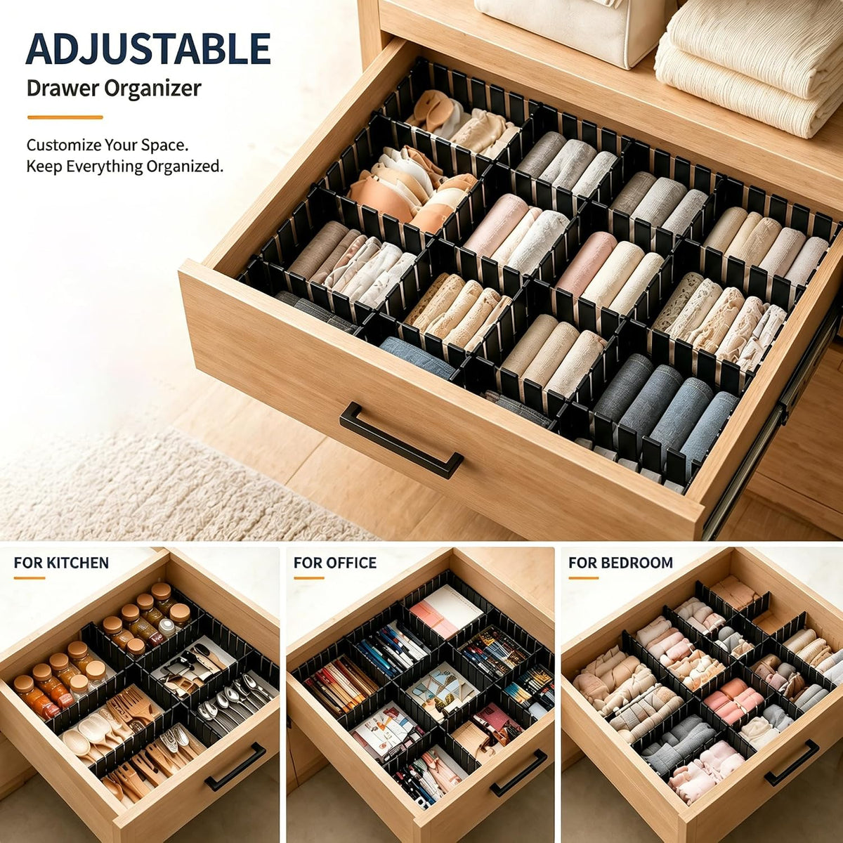 Adjustable Drawer Dividers, Cut-to-Fit DIY Organizers, Black 32 Pack