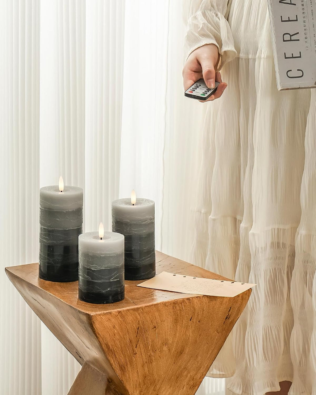 Stmarry Distressed Gradient Gray Flameless Candles with Remote and Timer, Real Wax Made LED Pillar Candles Battery Operated with 3D Flickering Flame - 3" x 4", 3" x 5", 3" x 6" - Set of 3