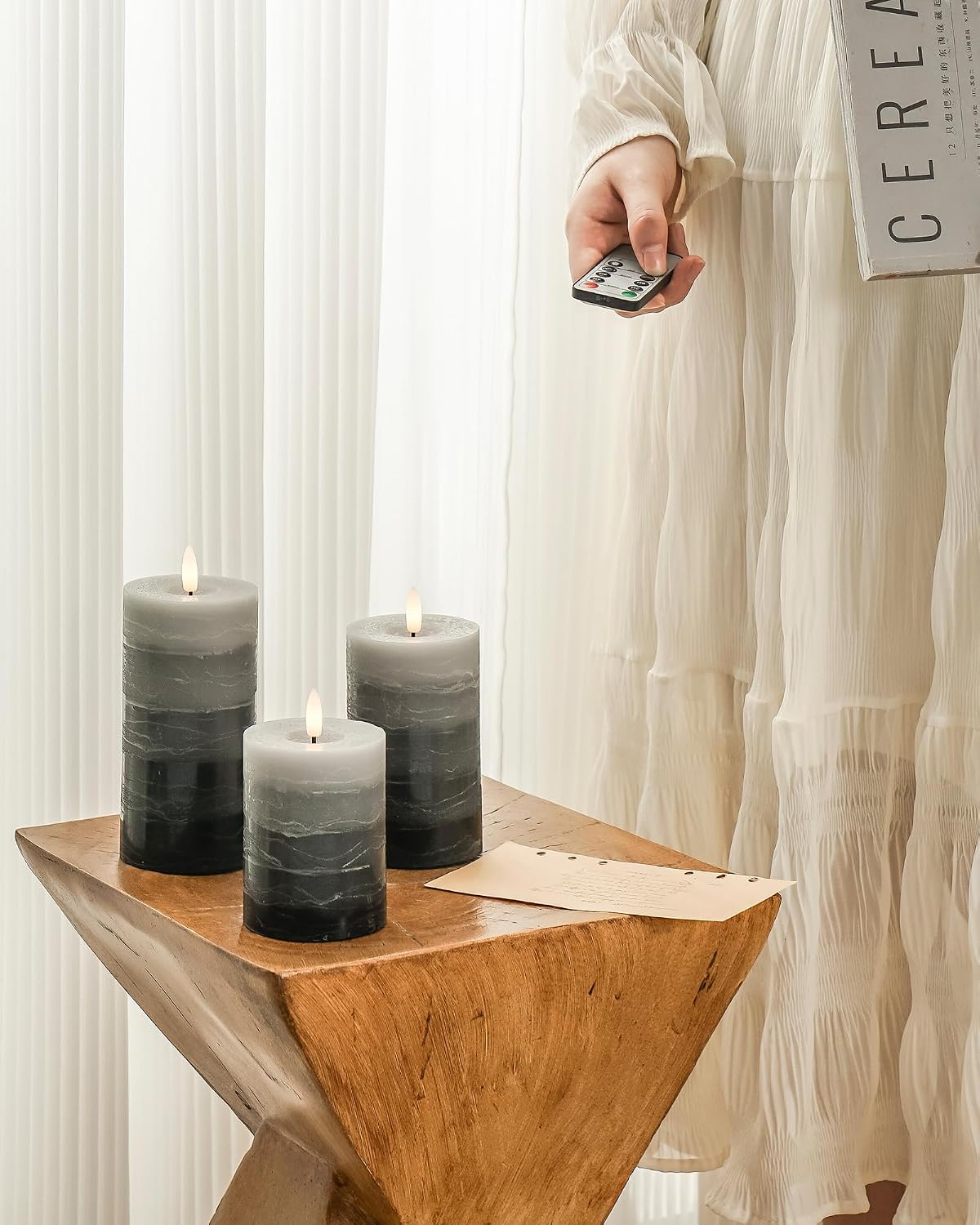 Stmarry Distressed Gradient Gray Flameless Candles with Remote and Timer, Real Wax Made LED Pillar Candles Battery Operated with 3D Flickering Flame - 3" x 4", 3" x 5", 3" x 6" - Set of 3