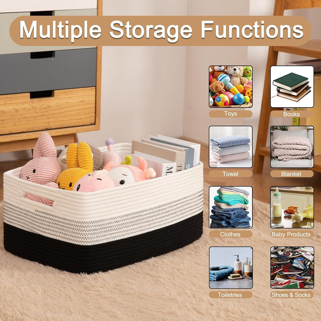OIASKET Large Storage Basket for Organizing, Woven Rope Basket for Shelves, Closet Organizer Bins for Clothes, Blanket, Toys, Baby Nursery Storage, 17.7" x 13" x 7.87", 2 Packs Gradient Black