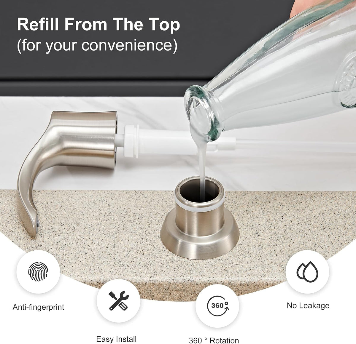 GAGALIFE Kitchen Sink Soap Dispenser with 17 Ounce Large Bottle (Brushed Nickel), Built in Sink Soap Dispenser Sink Mounted Soap Dispenser Refill from Top, G080BN