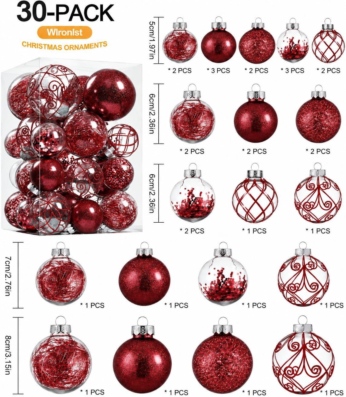 Wironlst Christmas Ball Ornaments Shatterproof Clear Large Plastic Hanging Ball Decorative Baubles Set with Stuffed Delicate Decorations (Multi-Siz, Burgundy)