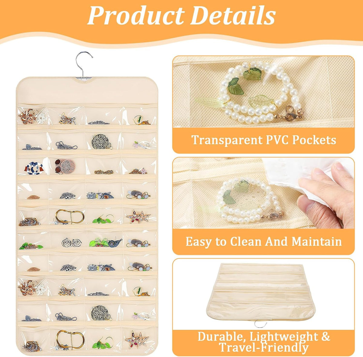 4 Pack Hanging Jewelry Organizer with 80 Clear Pockets, Double-Sided Hanger for Closet Door Wall, Beige Jewelry Holder for Earrings, Necklaces, Bracelets