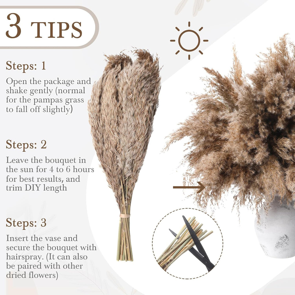 Janinka 300 Pcs Dried Fluffy Pampas Grass Bulk 17 Inch, Boho Decor, Brown