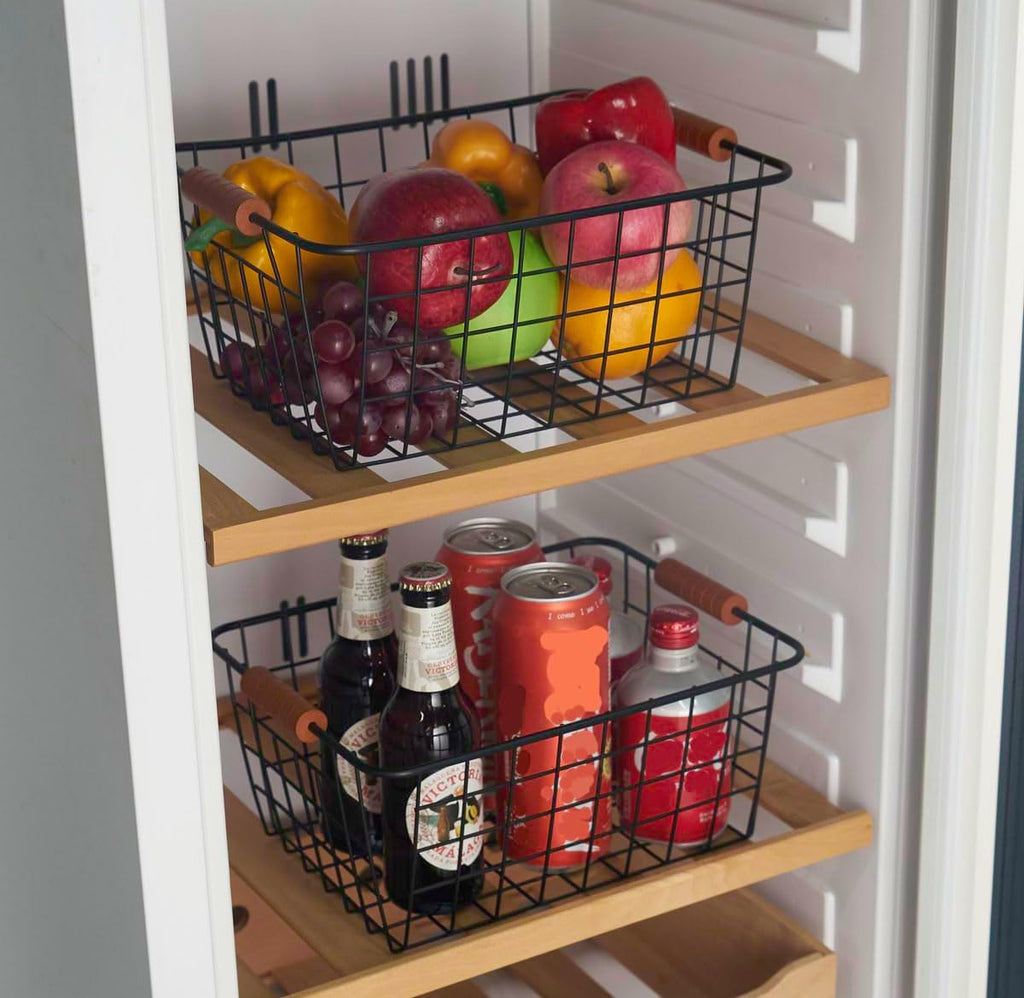 JUNCHU CHERRY Wire Kitchen Storage Basket 2 Packs,Perfect Pantry Organization Accessories Baskets,Laundry Basket,With a Wooden handle,Suitable for Kitchen,Bathroom,Bedroom,Tabletop,Stackable,Black