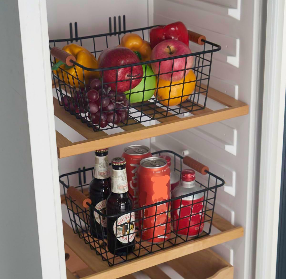JUNCHU CHERRY Wire Kitchen Storage Basket 2 Packs,Perfect Pantry Organization Accessories Baskets,Laundry Basket,With a Wooden handle,Suitable for Kitchen,Bathroom,Bedroom,Tabletop,Stackable,Black