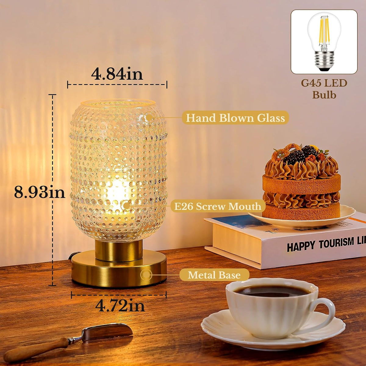 ZYER 8.9in Clear Table Lamp, Touch Control Bedside Lamp Small Vintage Lamp