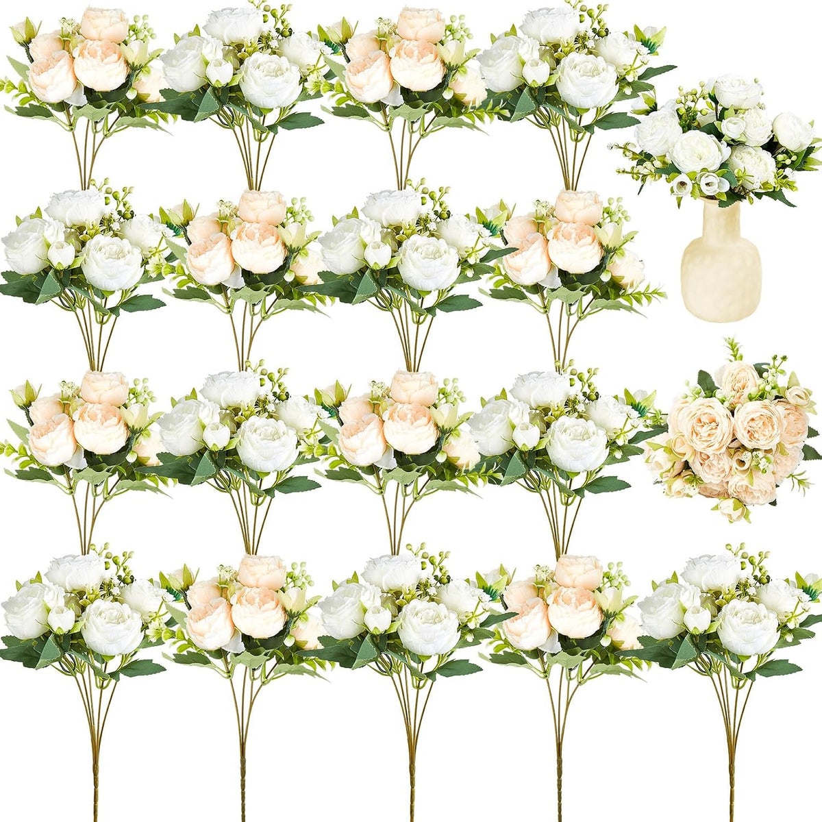 Jexine Artificial Peonies Flowers, White, Champagne, 24 Bundles