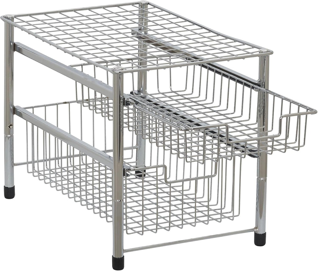 Household Essentials Free Standing Two Basket Sliding Cabinet Organizer with Metal Frame, Silver Finish