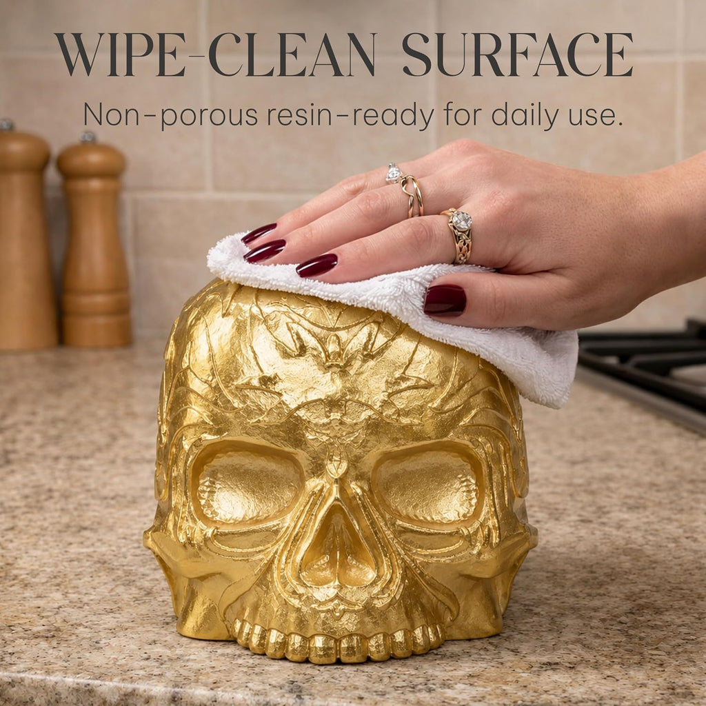 Gothic Skull Tissue Box Cover, Gold, Square by Death Decor