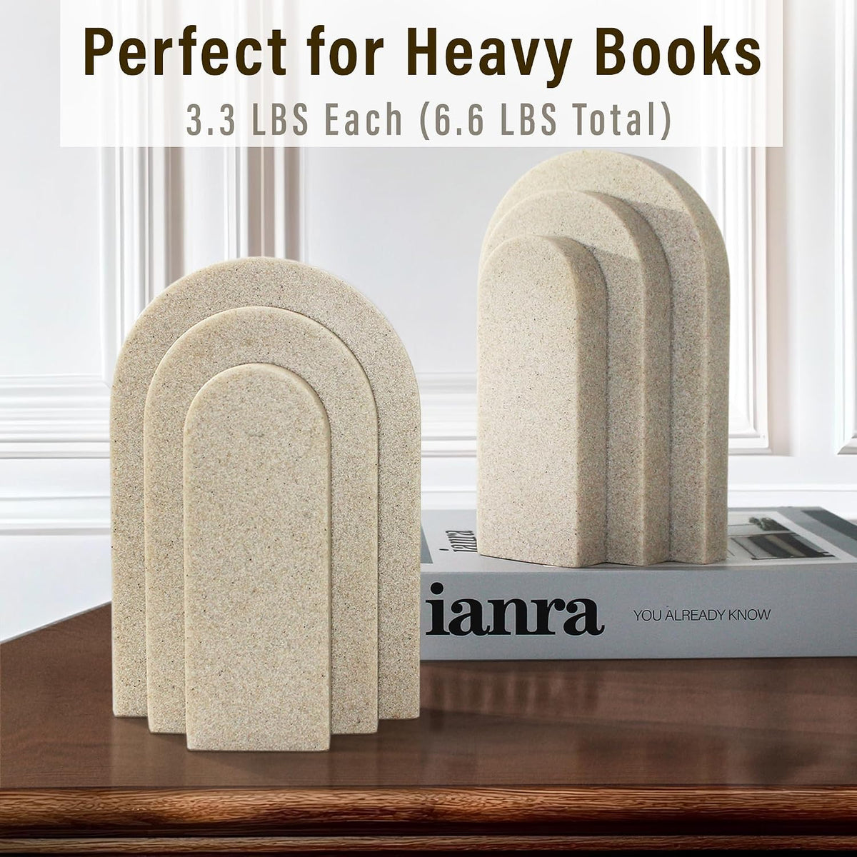 LIN CHUAN Heavy Duty Bookends for Shelves, Set of 2, Sandstone Beige