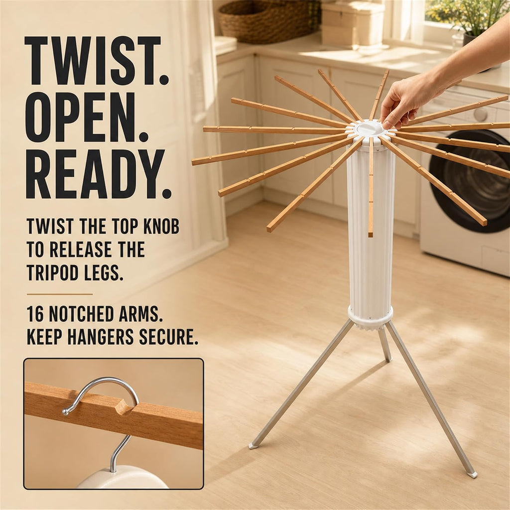 Clothes Drying Rack Foldable, Portable Laundry Drying Rack for Clothes with 16 Wooden Rods & 48 Windproof Slots, Collapsible Tripod Dry Rack for Apartment, RV, Balcony
