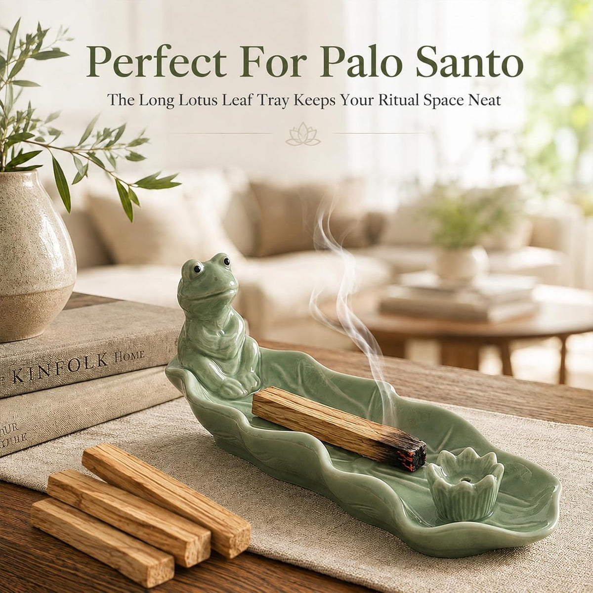 Frog Incense Holder for Sticks, Handmade Ceramic Holder for Burning Sage Sticks, Palo Santo, Cone and Backflow, Incense Burner for Meditation Room Home Decor, Frog Spiritual Gifts for Women