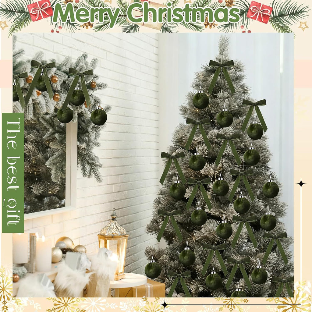 Wettarn 30 Sets Velvet Christmas Ornaments Balls & Bows, Green