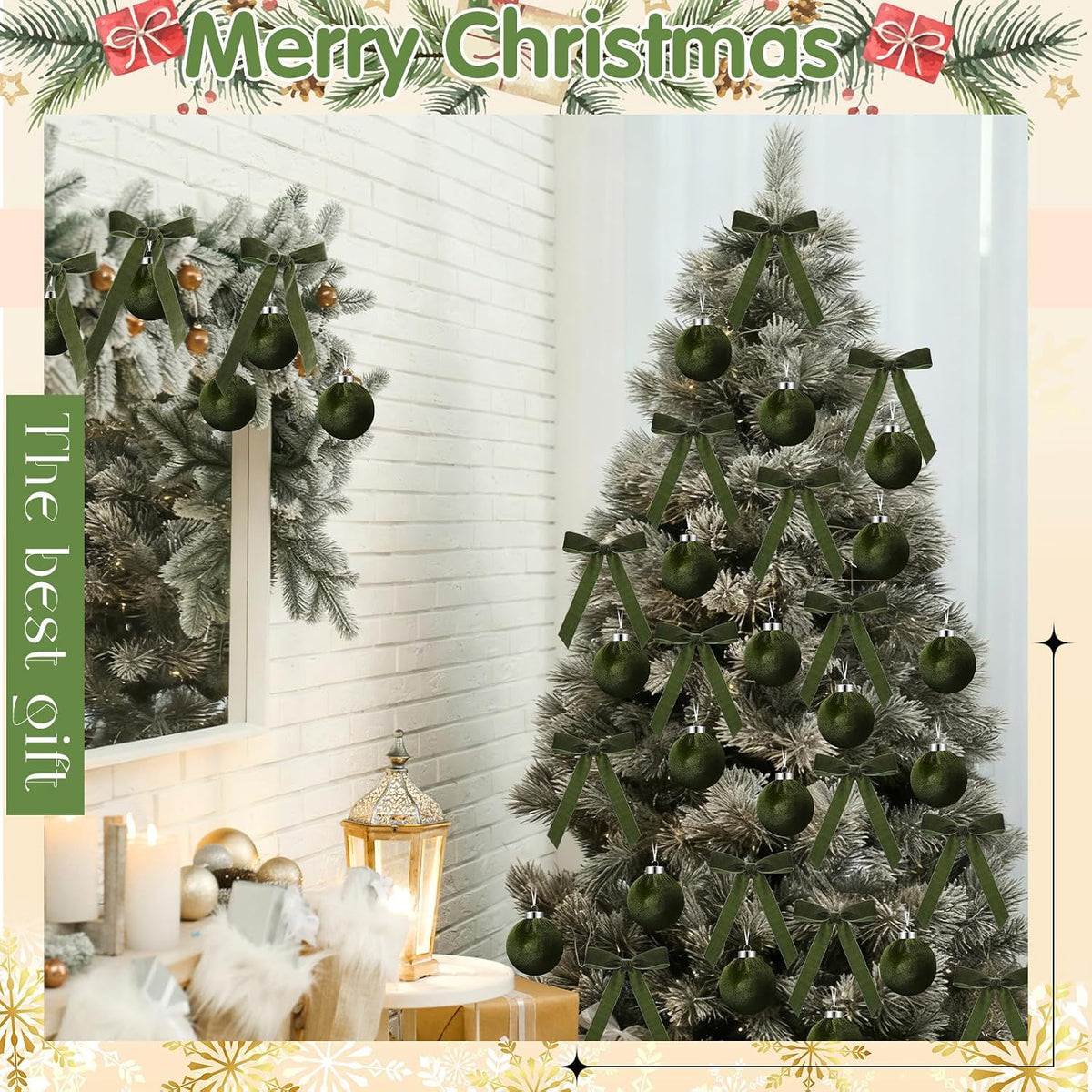 Wettarn 30 Sets Velvet Christmas Ornaments Balls & Bows, Green
