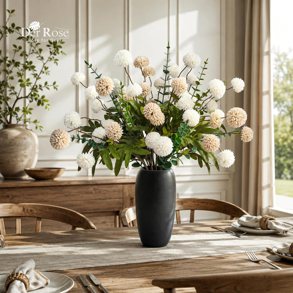 Der Rose Fake Flowers in Ceramic Vase, 18Pcs White Blooms for Spring Decor