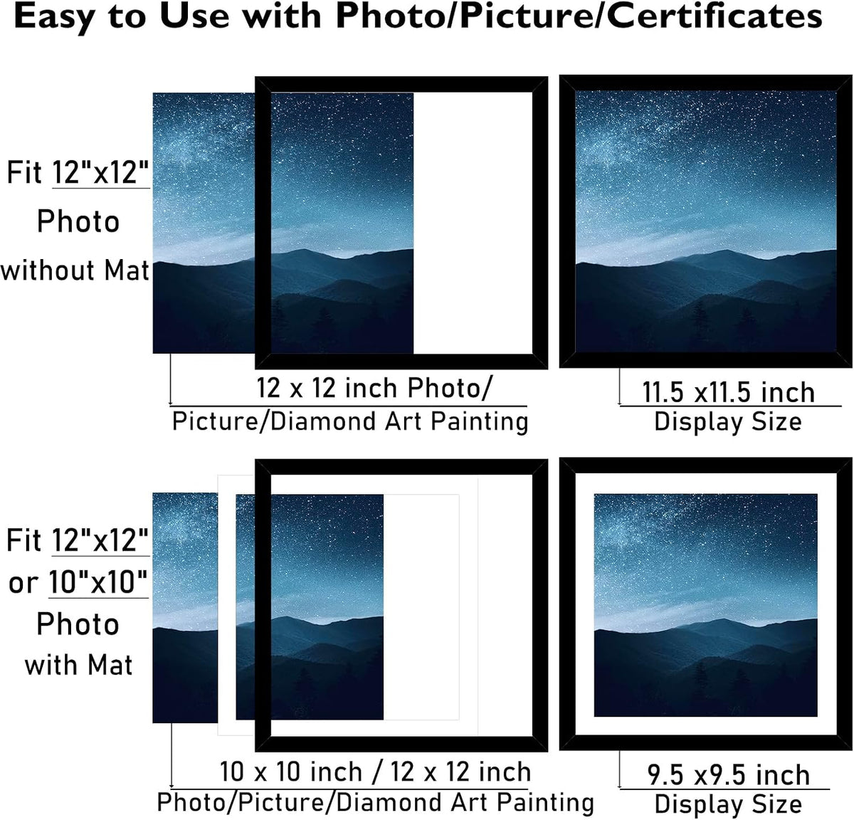 JCJMY 12x12 Picture Frame Set of 3 Black with 10x10 Mat for 30 x 30cm Diamond Art Painting, Display Photo 12 x 12 Without Mat, Wall Hanging Large Frame with Plexiglass, 3 Pack