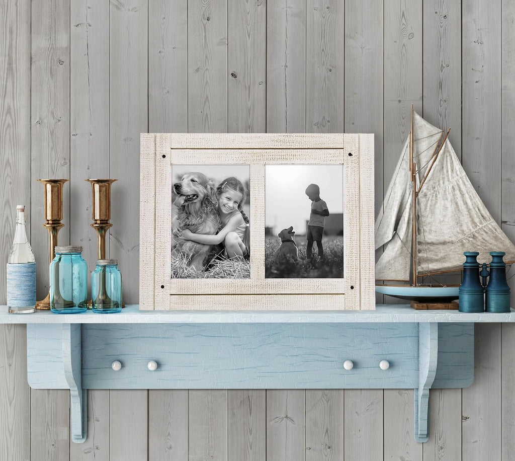 Americanflat 5x7 Double Picture Frame - Distressed Wood - Aspen White