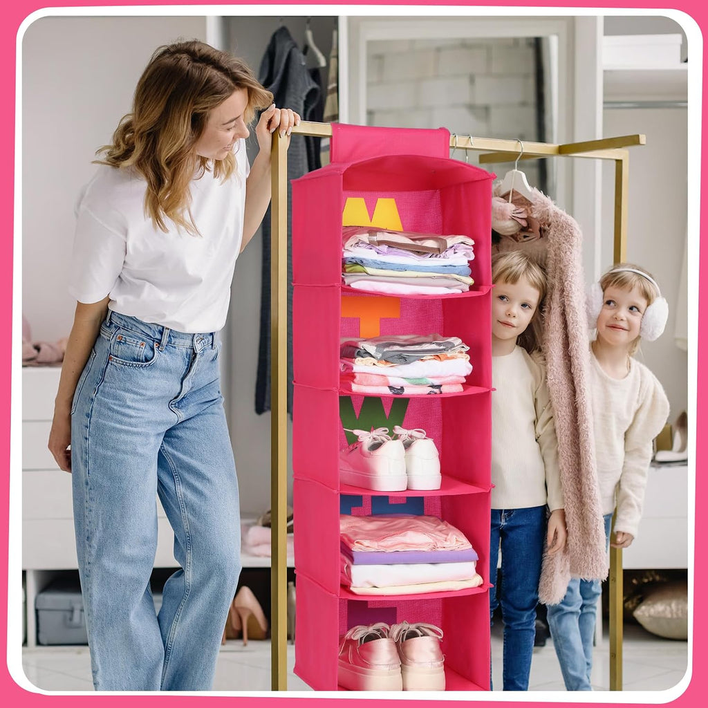 Hahafelt 2pcs 5 Shelf Weekly Clothes Organizer for Kids, Rose Red
