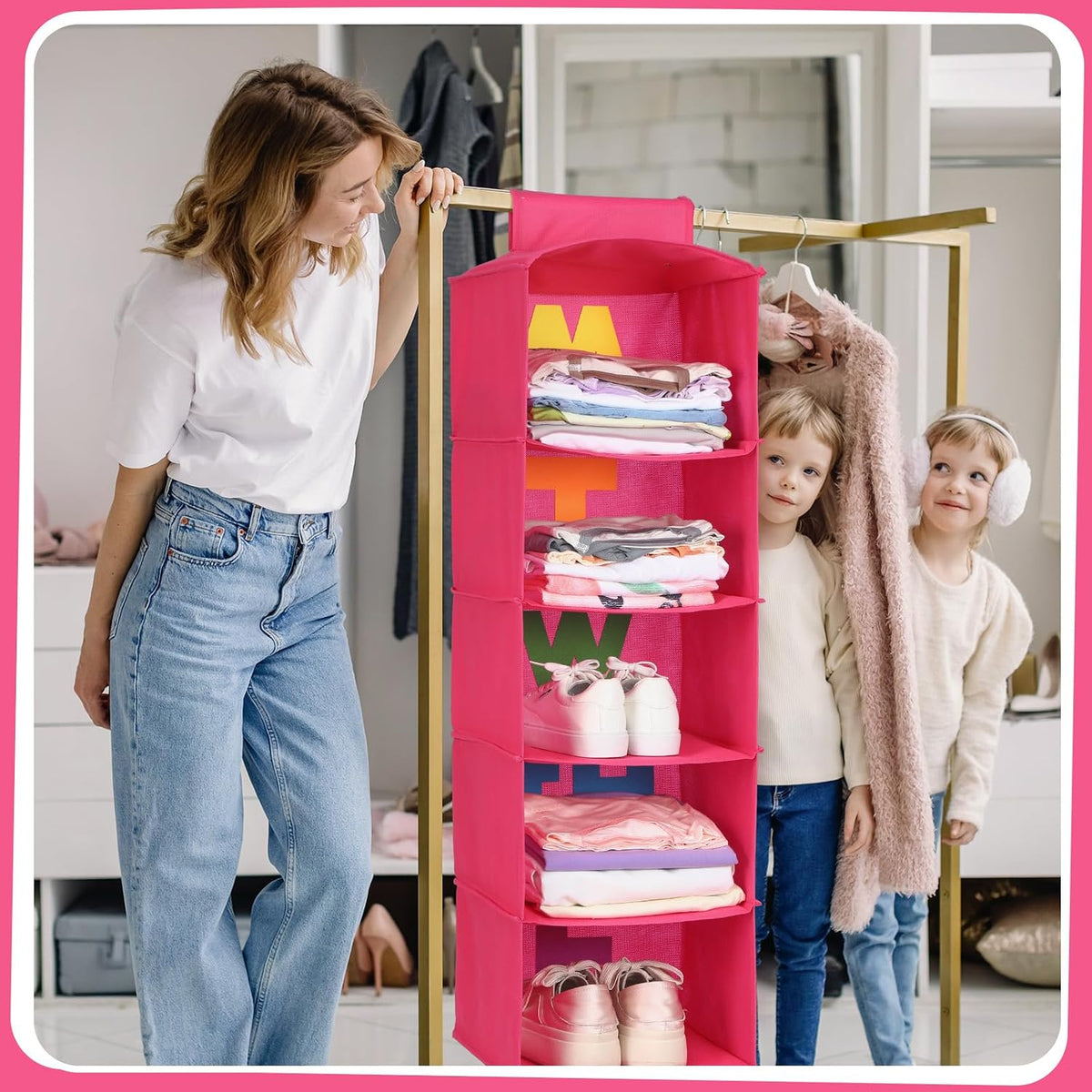 Hahafelt 2pcs 5 Shelf Weekly Clothes Organizer for Kids, Rose Red