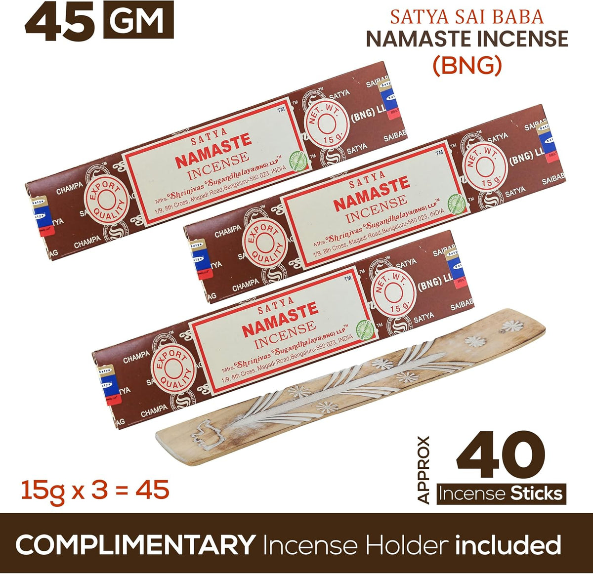 Satya Namaste Incense Sticks, Satya Bng (Bangalore) Insenses 15gmx3 Pack with Raajsee Incense Holder Bundle, Satya Nagchampa Natural Incense