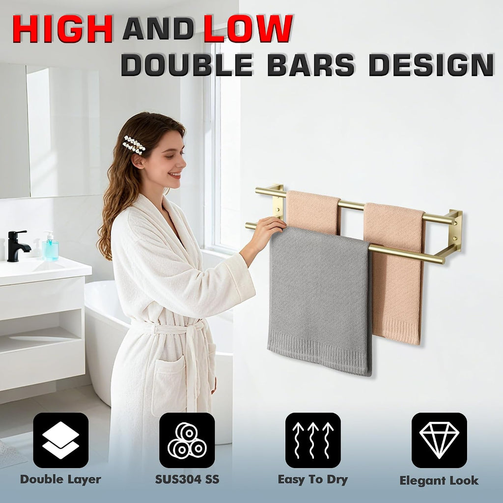 Alise 24 inch Double Towel Bar for Bathroom Wall Mounted, Brushed Gold