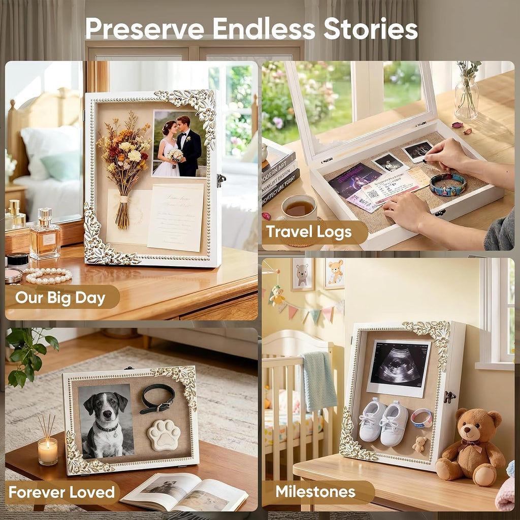 11x14 Shadow Box Frame, Vintage Gold & White Wood Display Case