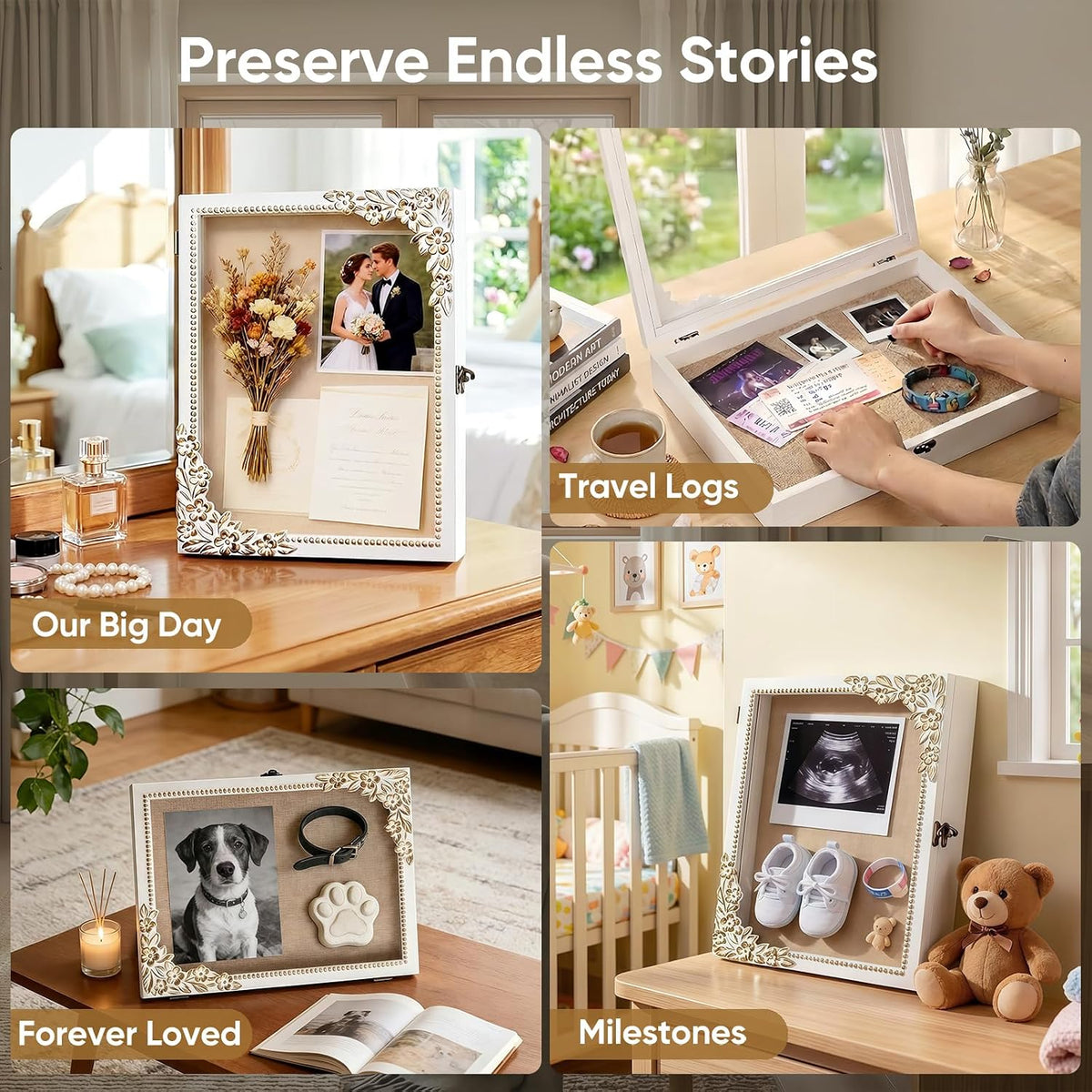 11x14 Shadow Box Frame, Vintage Gold & White Wood Display Case