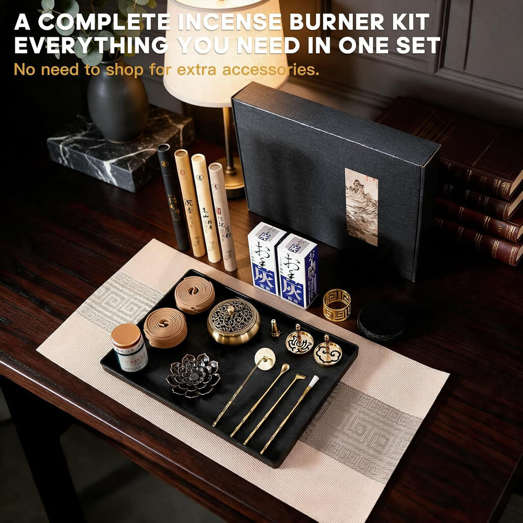 29 Pc Brass Incense Burner Kit for Powder Stick Cone Coil (Glod)