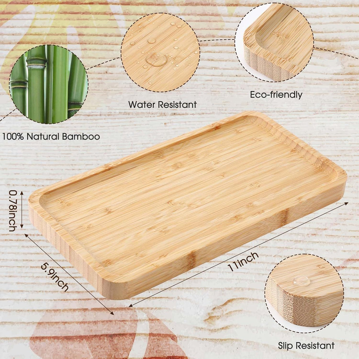 Sieral 3 Pcs Bamboo Tray for Bathroom Bamboo Vanity Bathroom Counter Organizer Decorative Tea Serving Tray for Dresser Coffee Table Home Toilet Tank Candle Perfume (11 x 5.9 Inch)