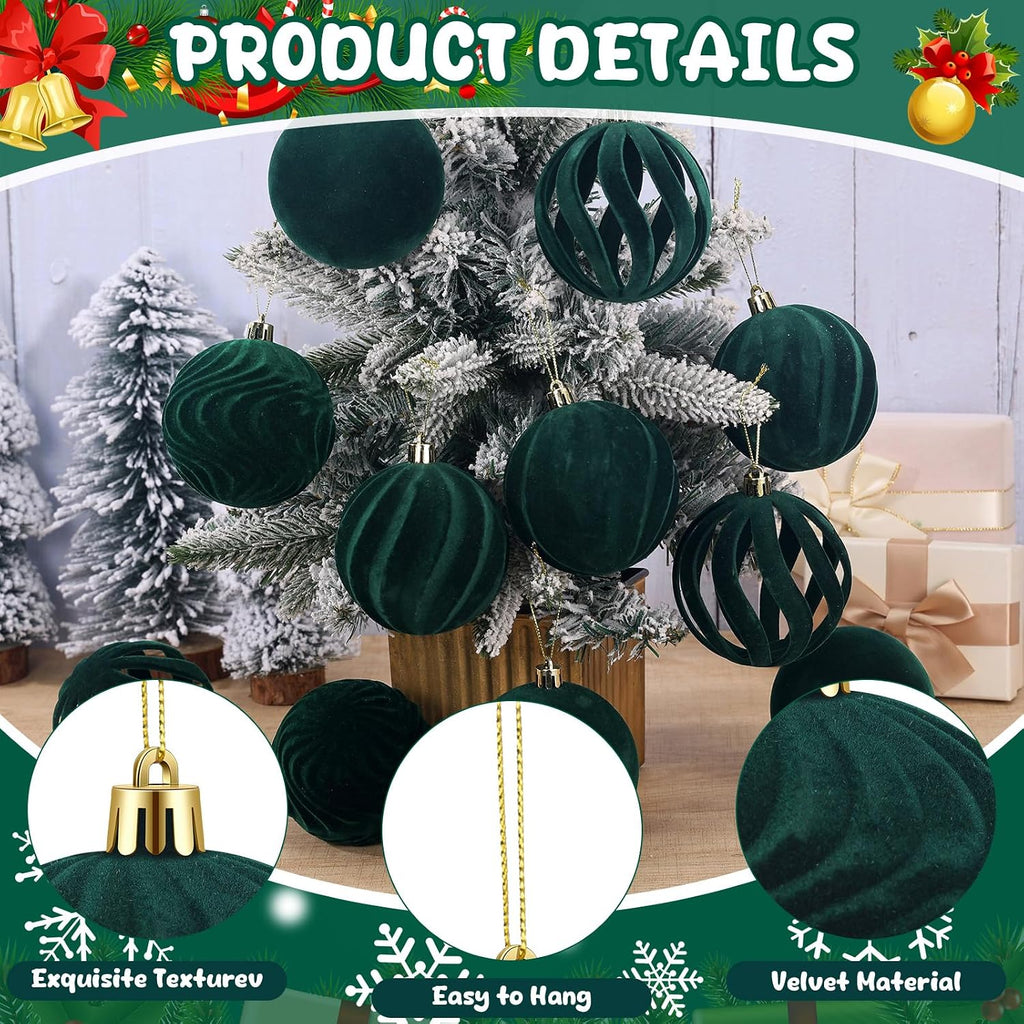 DERTE 12Pcs 3.15in Velvet Christmas Tree Balls Ornaments (Green)