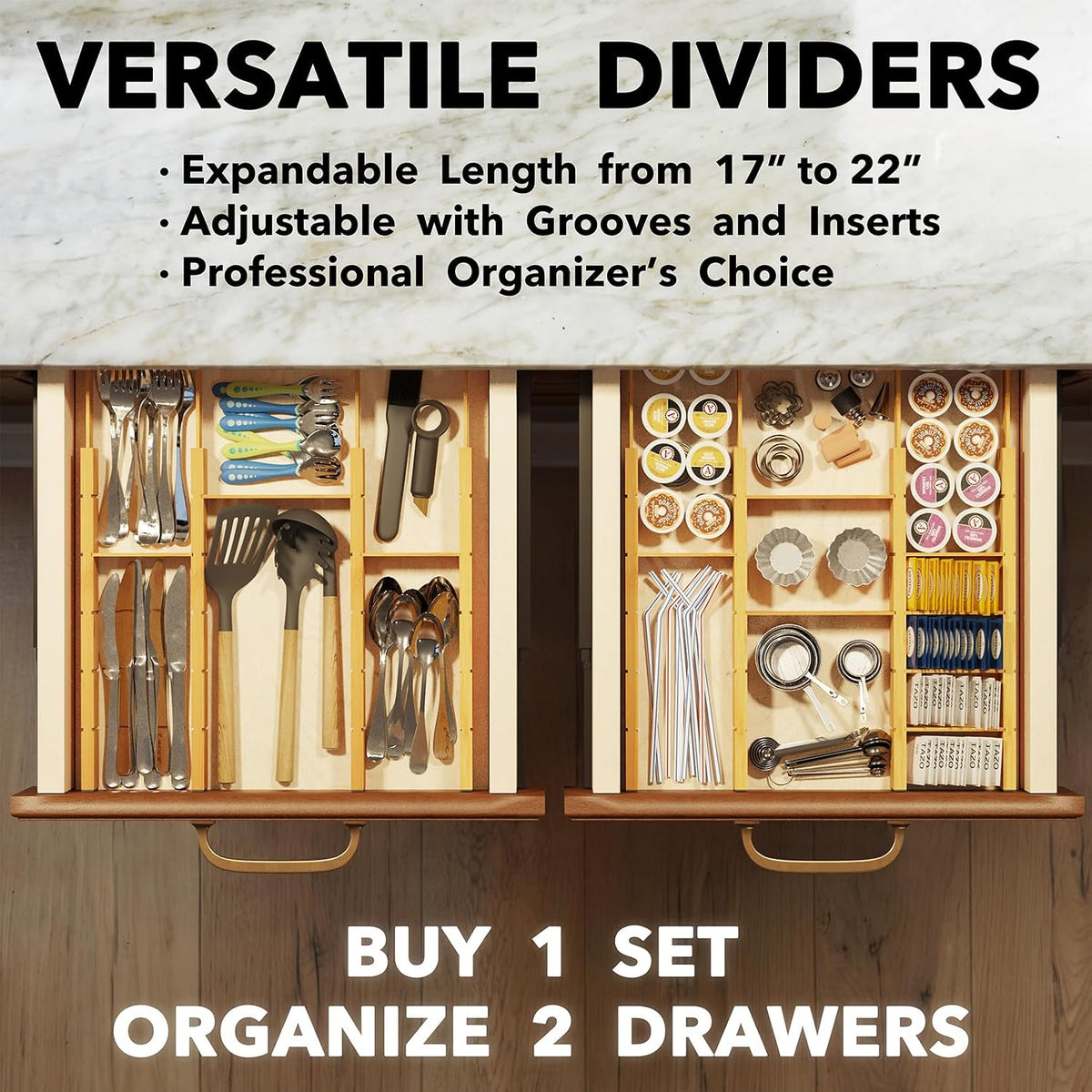 SpaceAid Bamboo Drawer Dividers with Inserts and Labels, Kitchen Adjustable Drawer Organizers, Expandable Organization for Home, Office, Dressers, 10 Dividers with 24 Inserts (17"-22" Natural)