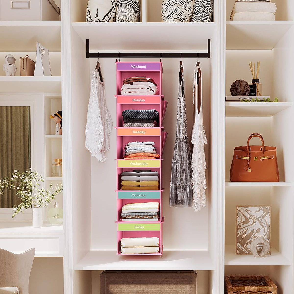 YOUDENOVA Weekly Clothes Organizer for Kids, Hanging Closet Organizer, Pink