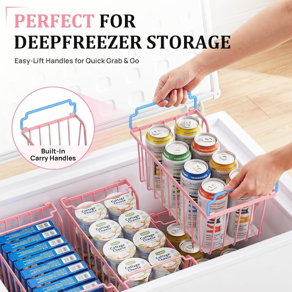 SUNALLY Stackable Storage Bins 4 Pcs Wire Baskets Freezer Organizer, Pink