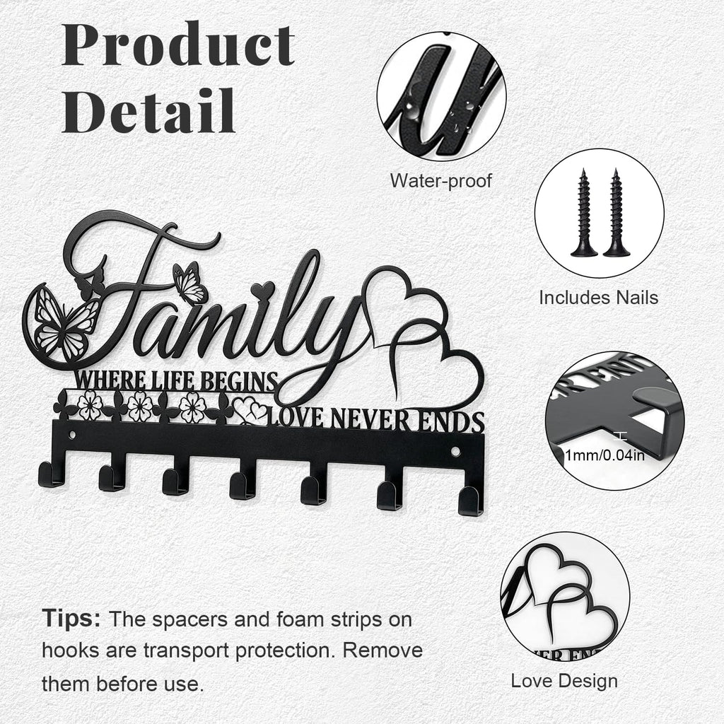 Keys Holder on Wall, Decorative Metal Hanger with 7 Hooks, Black